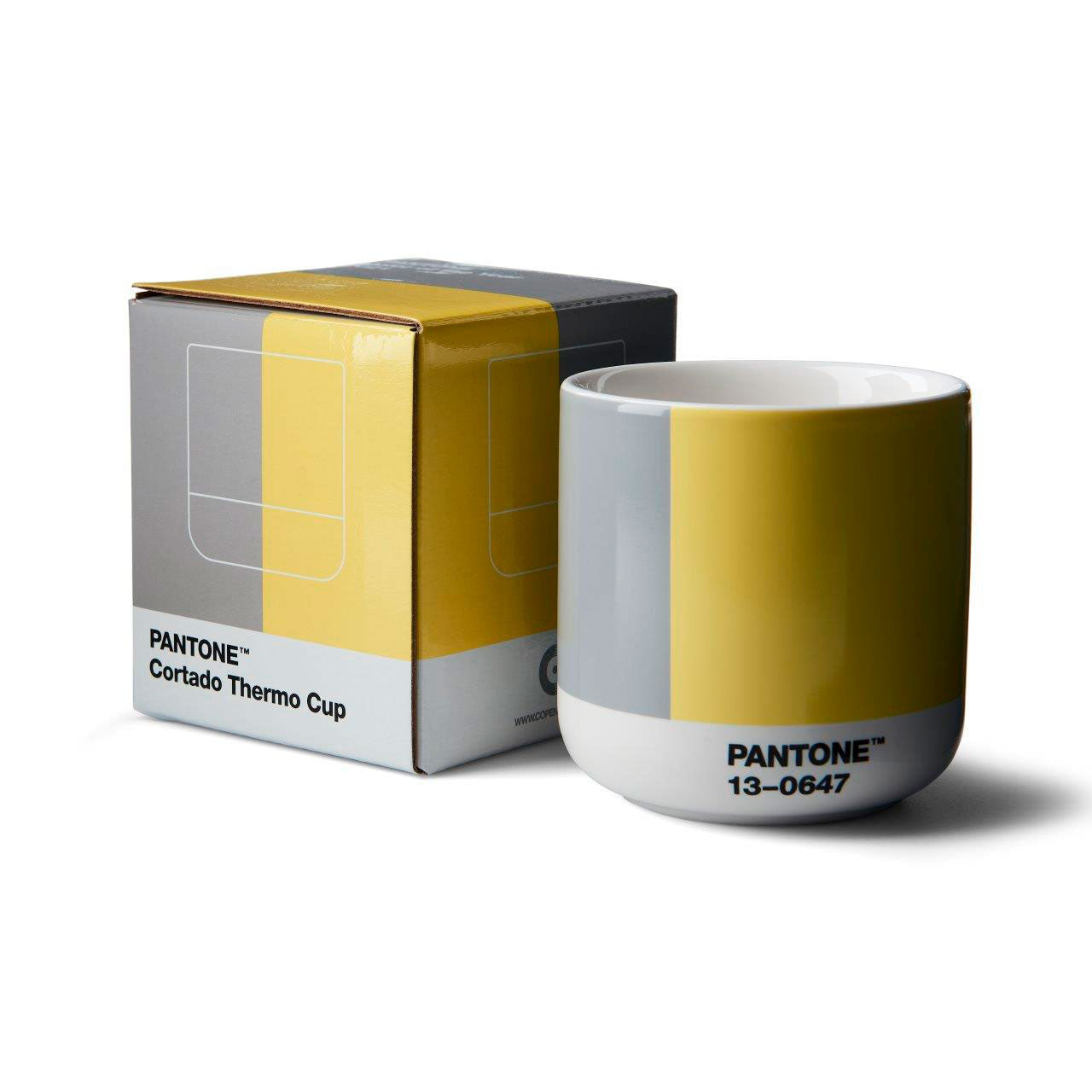 PANTONE CORTADO THERMO CUP - Illuminating 13-0647 & Ultimate Gray 17-5104 COY 21